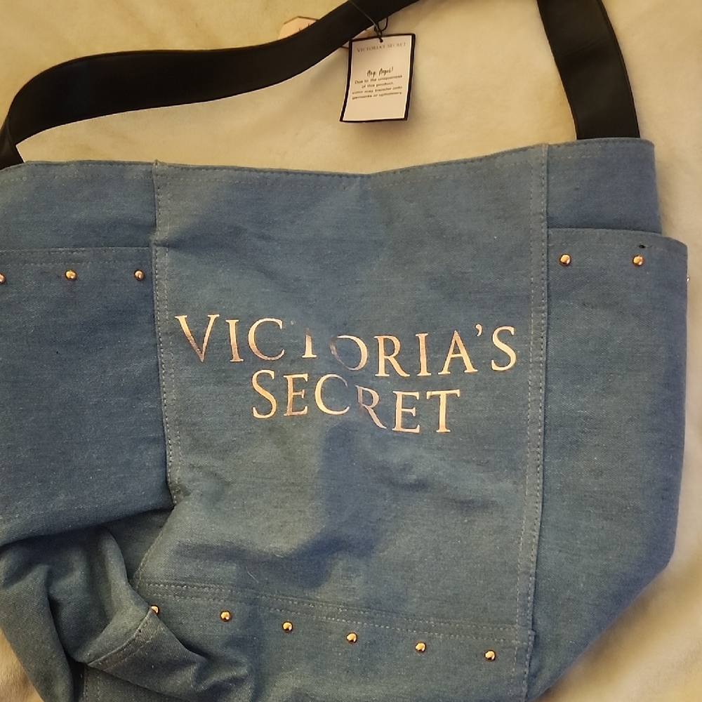 VICTORIAS SECRET Denim Tote, Rose Gold Writing, NWT, One Size